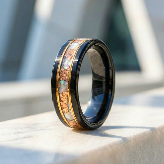 Chasm Brushed Opal Copper Foil Inlay Black Tungsten Carbide Ring