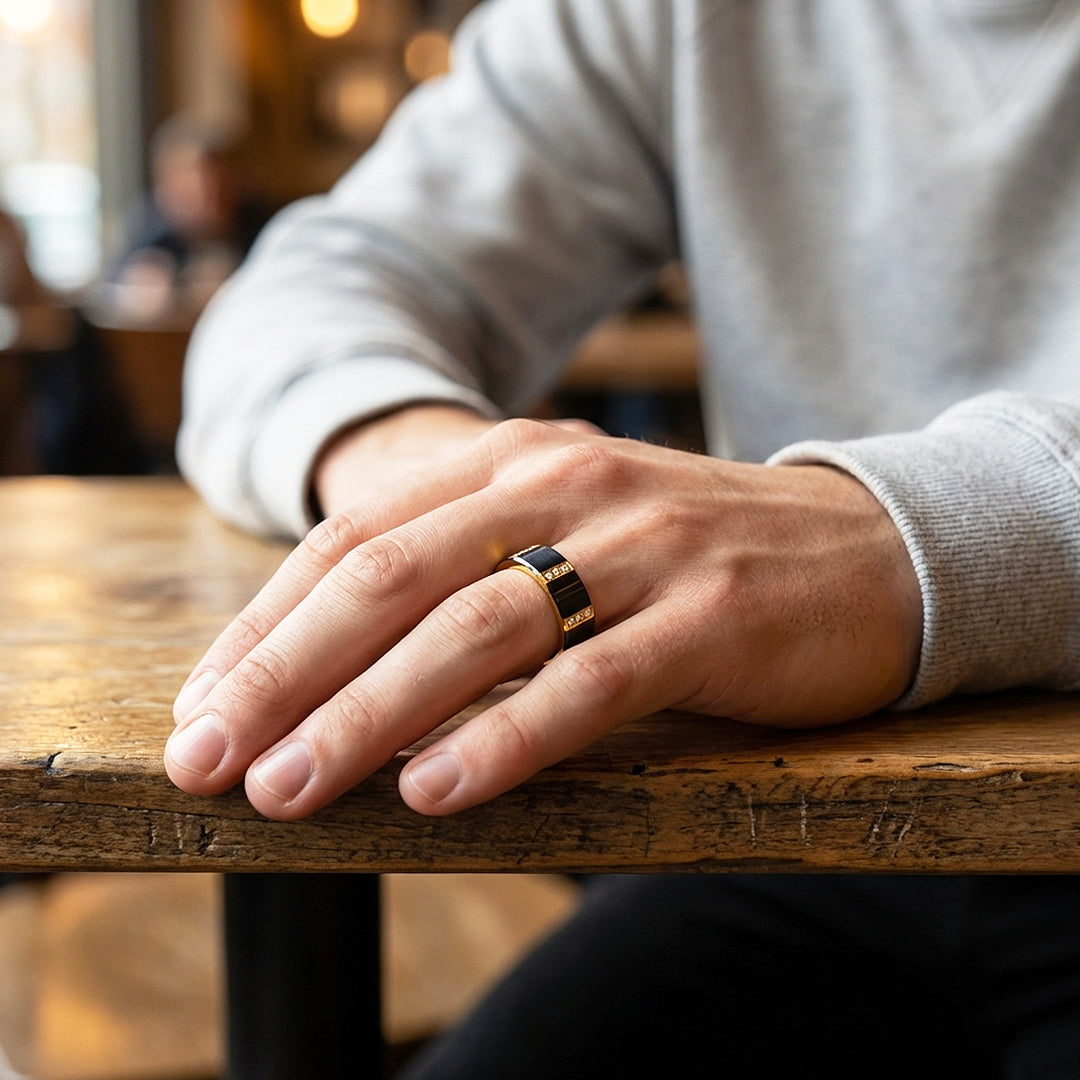 Conrad Brushed Gold Interior Stone Set Black Tungsten Carbide Ring