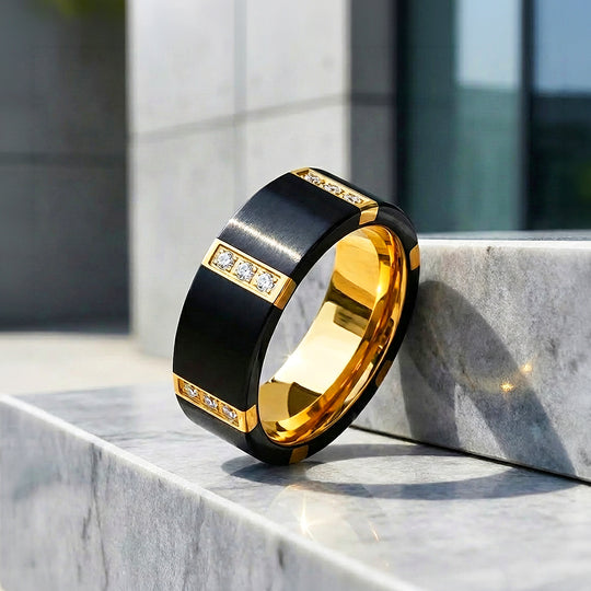 Conrad Brushed Gold Interior Stone Set Black Tungsten Carbide Ring