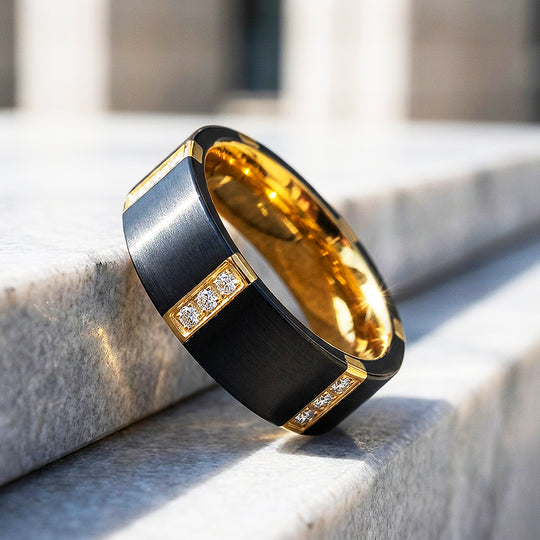 Conrad Brushed Gold Interior Stone Set Black Tungsten Carbide Ring