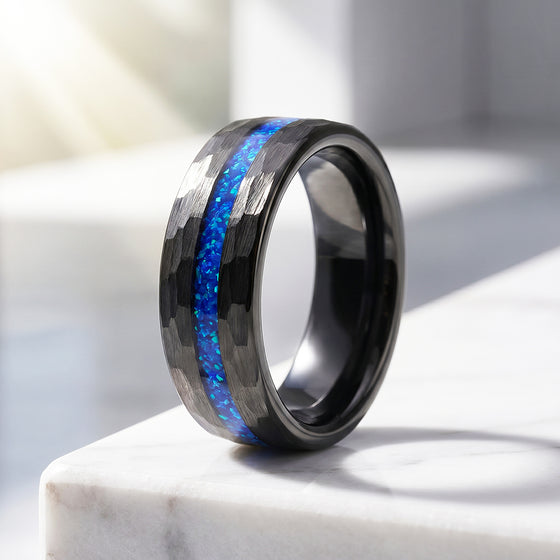 Crest | IP Black Hammered Blue Opal Inlay Tungsten Carbide Men's Ring