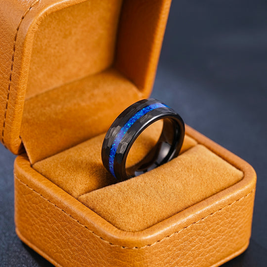 Crest | IP Black Hammered Blue Opal Inlay Tungsten Carbide Men&