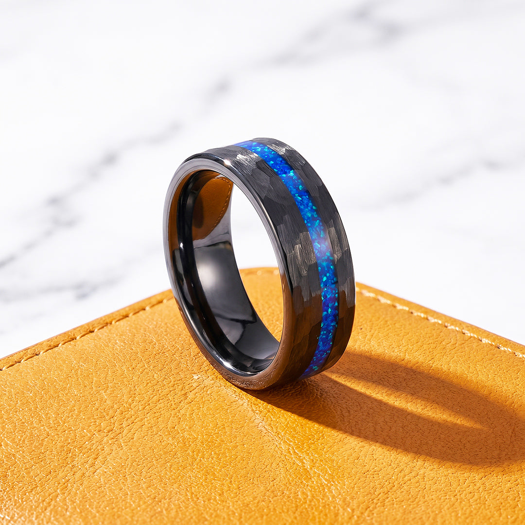 Crest | IP Black Hammered Blue Opal Inlay Tungsten Carbide Men&