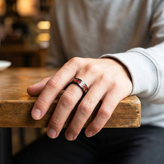 Crimson Forge Brushed Red Stone Gold Foil Inlay Black Tungsten Carbide Ring