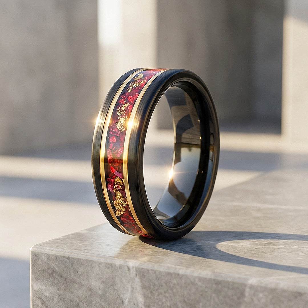 Crimson Forge Brushed Red Stone Gold Foil Inlay Black Tungsten Carbide Ring