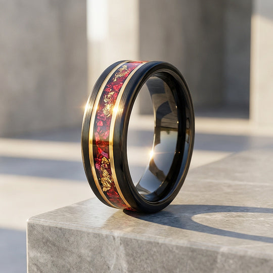 Crimson Forge Brushed Red Stone Gold Foil Inlay Black Tungsten Carbide Ring