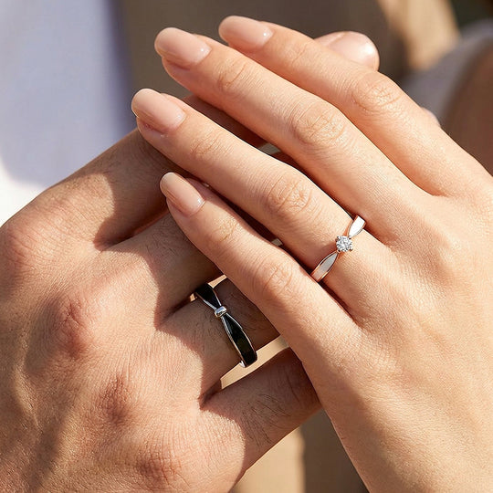 Black &amp; White Enamel Inlay Couple Rings | Destiny