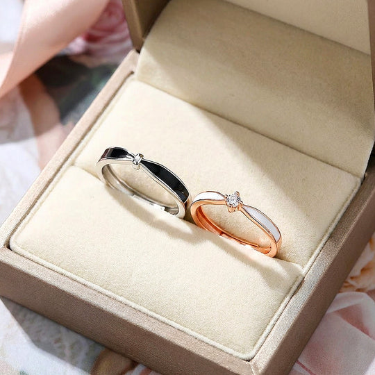 Black &amp; White Enamel Inlay Couple Rings | Destiny
