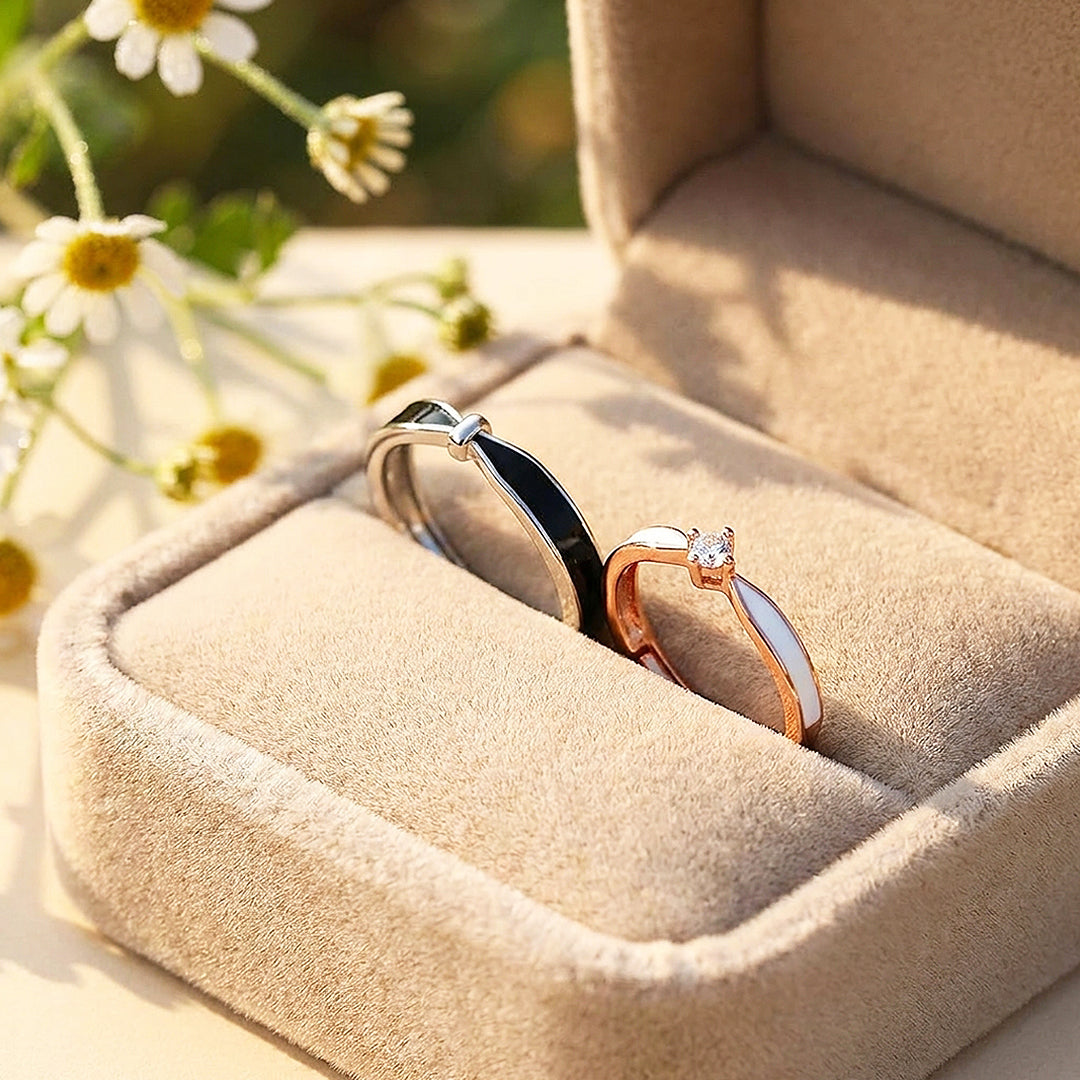 Black &amp; White Enamel Inlay Couple Rings | Destiny