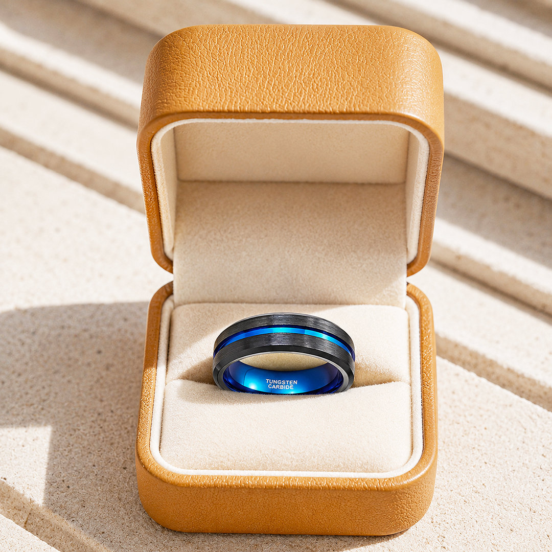 Earric | Brushed Black Blue Channel Tungsten Carbide Men&