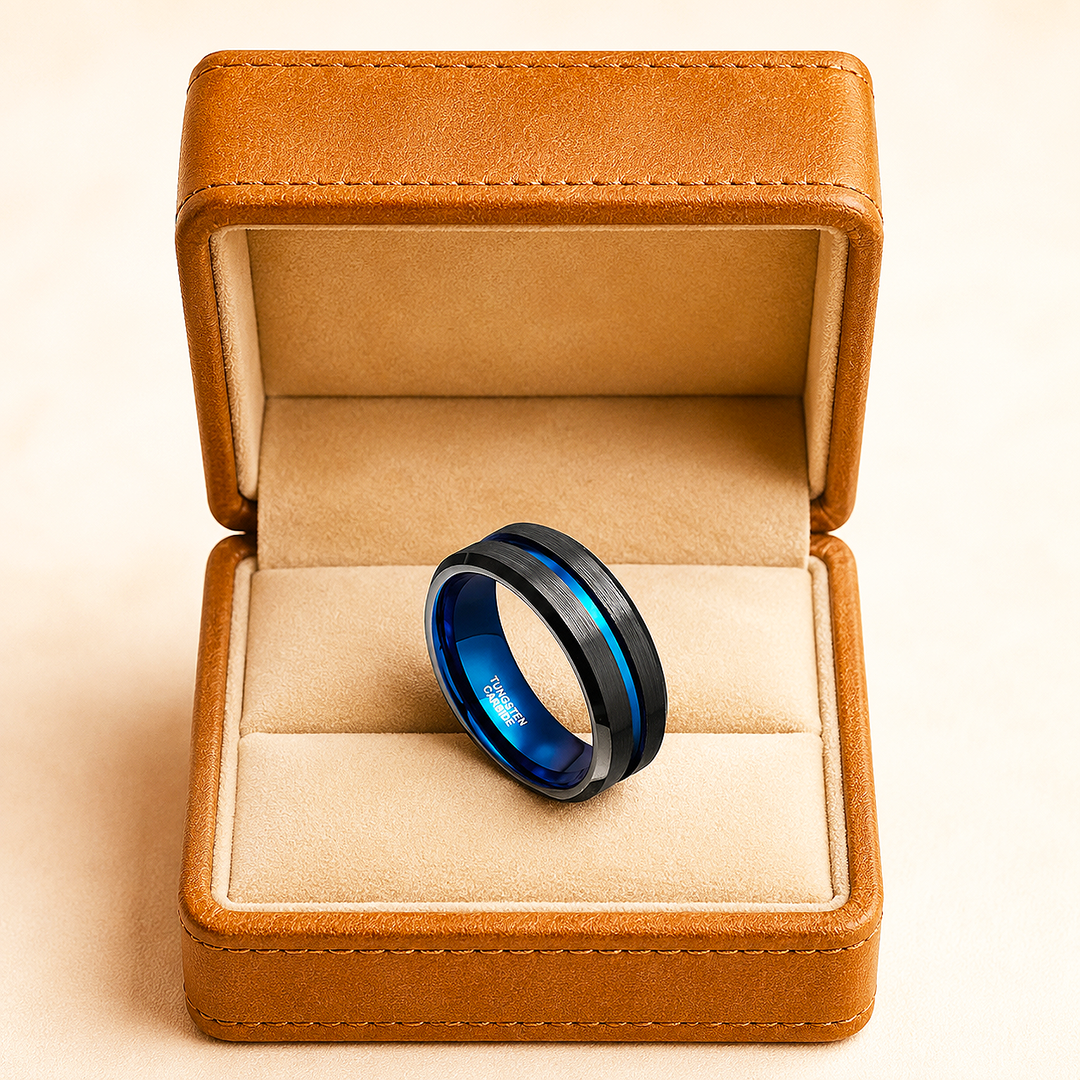 Earric | Brushed Black Blue Channel Tungsten Carbide Men&
