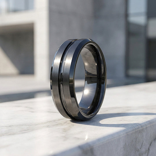 Evert | Black Brushed Center Groove Tungsten Ring | Men&
