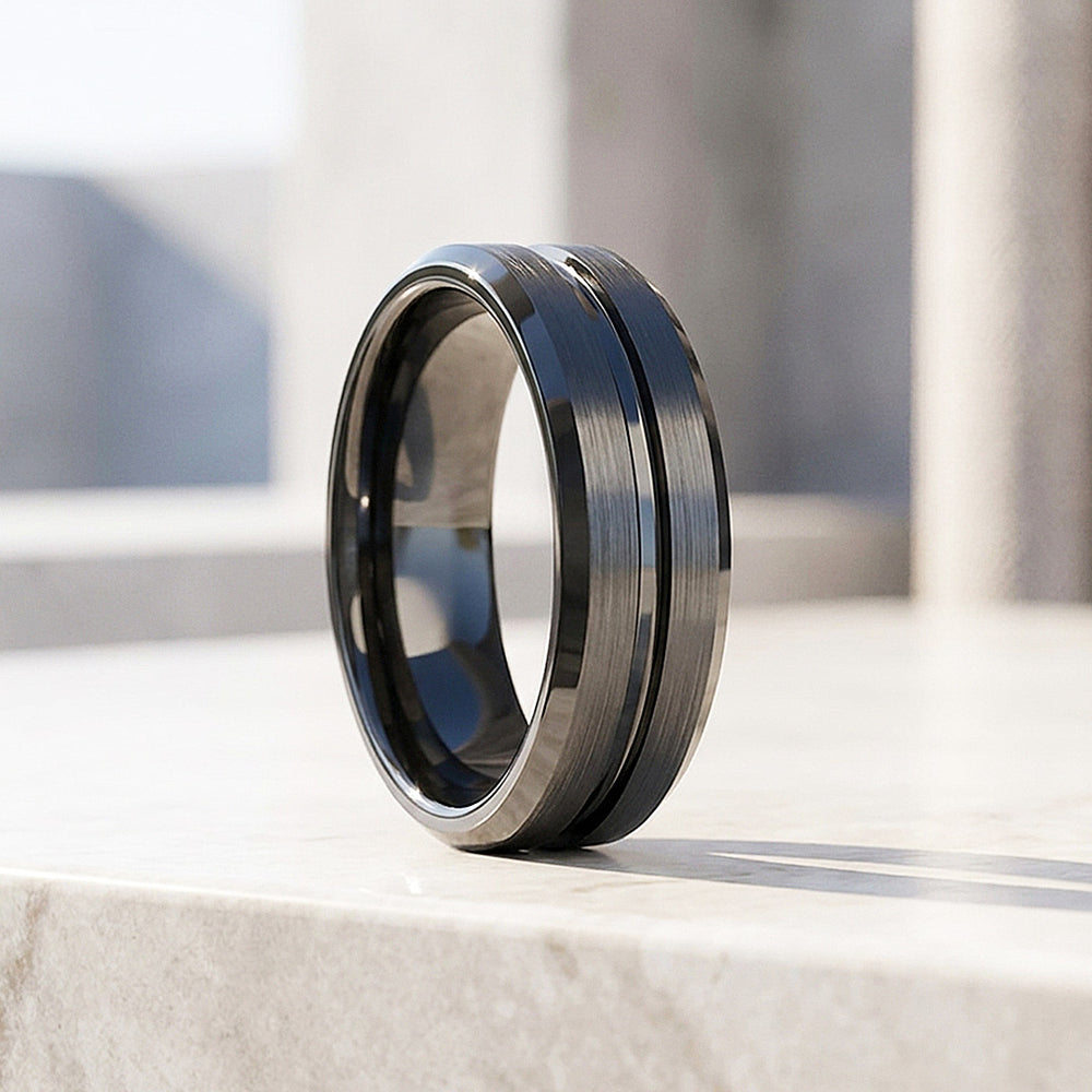 Evert | Black Brushed Center Groove Tungsten Ring | Men's Ring