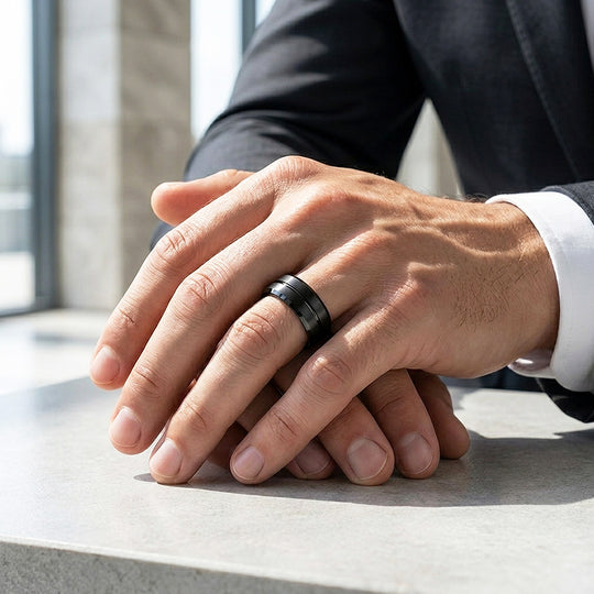 Evert | Black Brushed Center Groove Tungsten Ring | Men&