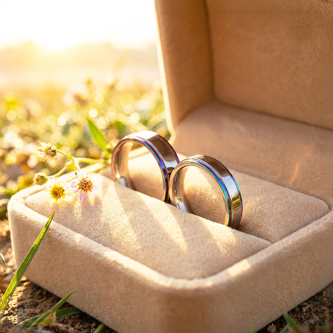 Fantasy | High-Polished Rainbow Grooved Flat Wedding Band