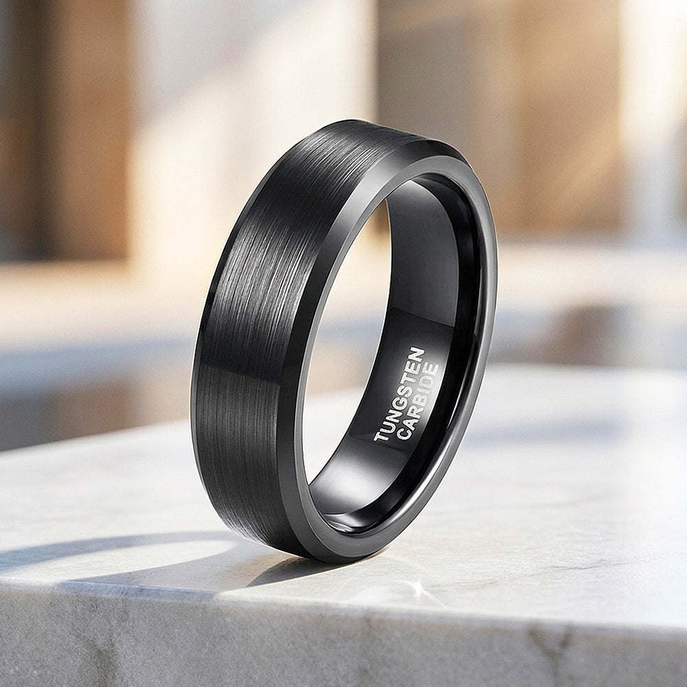 Fay | Black Brushed Bevelled Edge Tungsten Carbide | Men's Ring