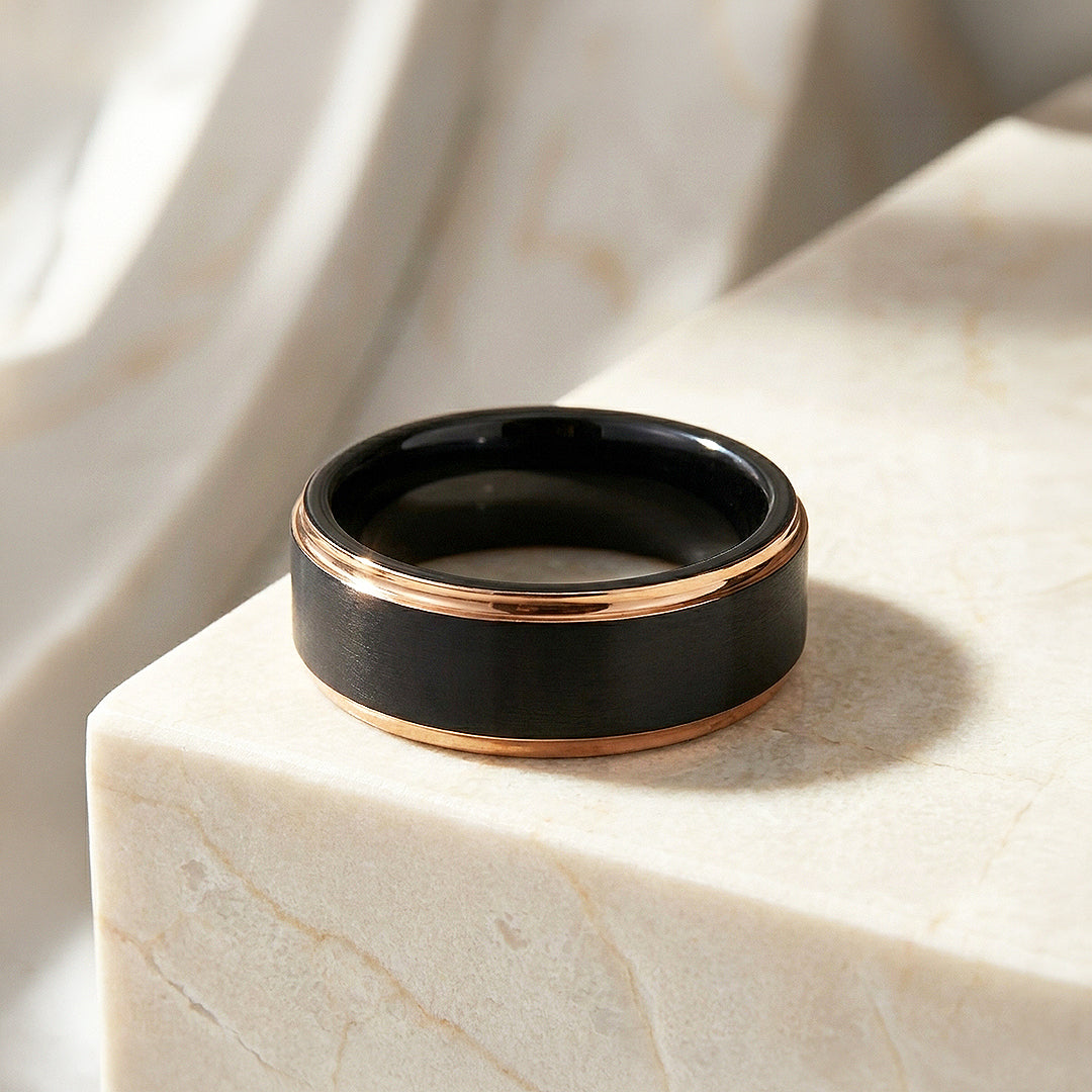 Fedor | Brushed Black and Rose Gold Tungsten Carbide | Men&