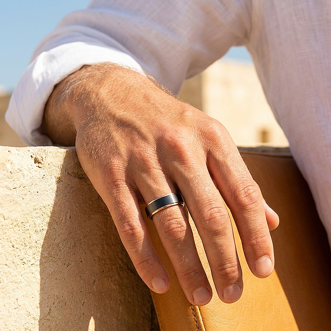 Fedor | Brushed Black and Rose Gold Tungsten Carbide | Men&