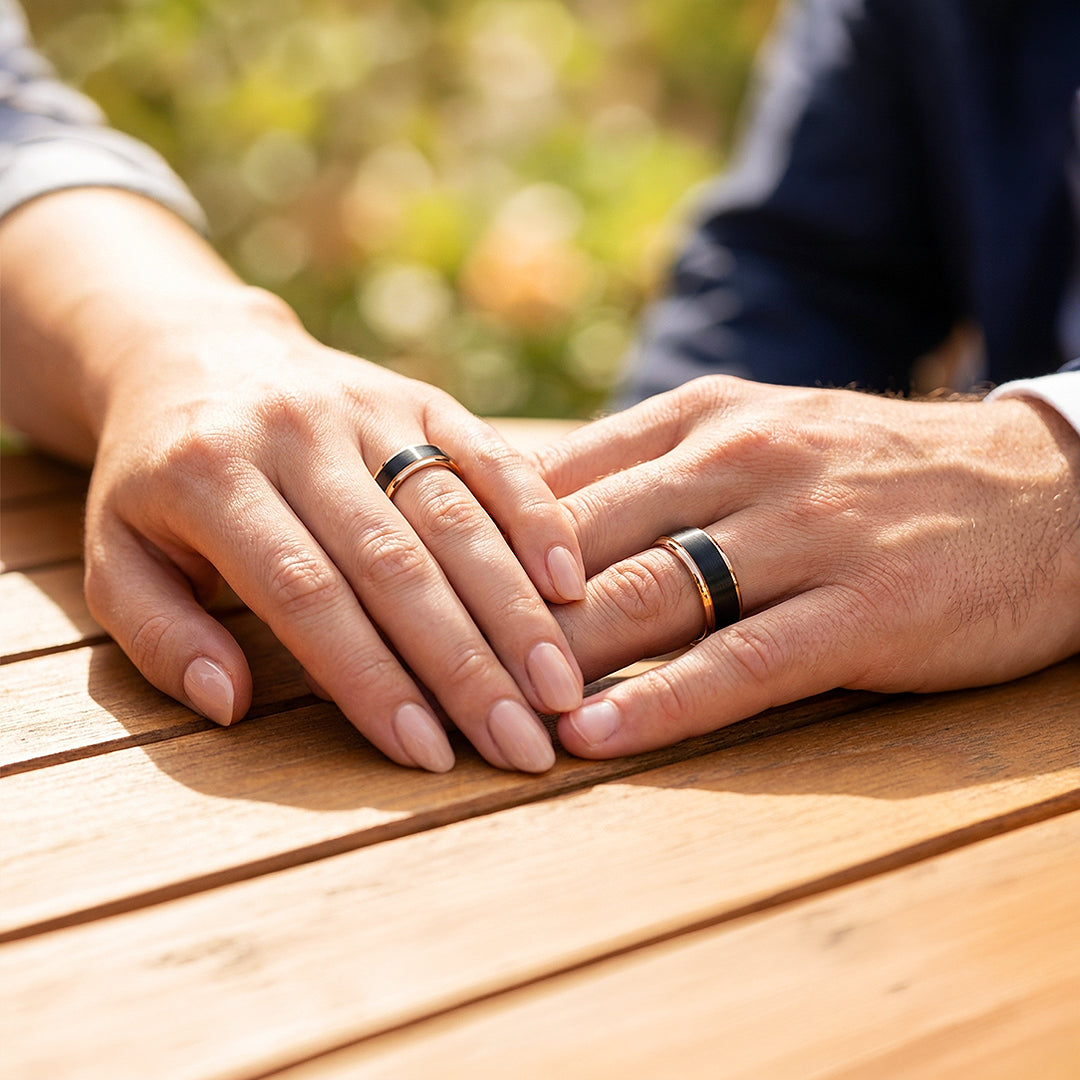 Finnick | Tungsten Couple Rings | Black &amp; Rose Gold Wedding Bands - Ring | Singapore Jewellery, Wedding Rings &amp; Gifts | Same Day Delivery | Tiara.com.sg