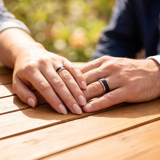 Finnick | Tungsten Couple Rings | Black &amp; Rose Gold Wedding Bands - Ring | Singapore Jewellery, Wedding Rings &amp; Gifts | Same Day Delivery | Tiara.com.sg