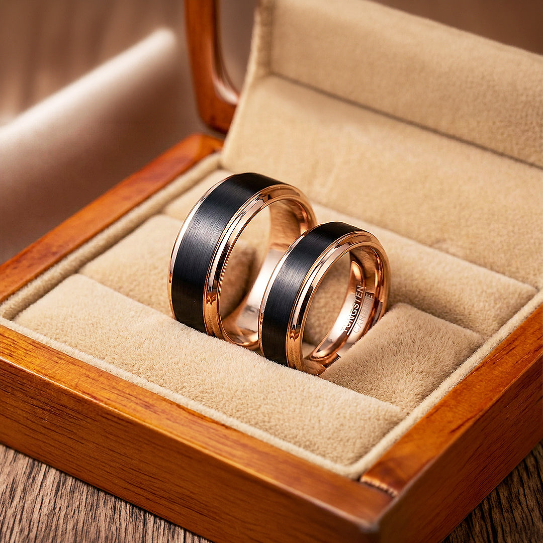 Finnick | Tungsten Couple Rings | Black & Rose Gold Wedding Bands - Ring | Singapore Jewellery, Wedding Rings & Gifts | Same Day Delivery | Tiara.com.sg
