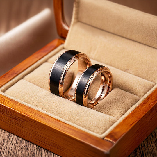 Finnick | Tungsten Couple Rings | Black &amp; Rose Gold Wedding Bands - Ring | Singapore Jewellery, Wedding Rings &amp; Gifts | Same Day Delivery | Tiara.com.sg