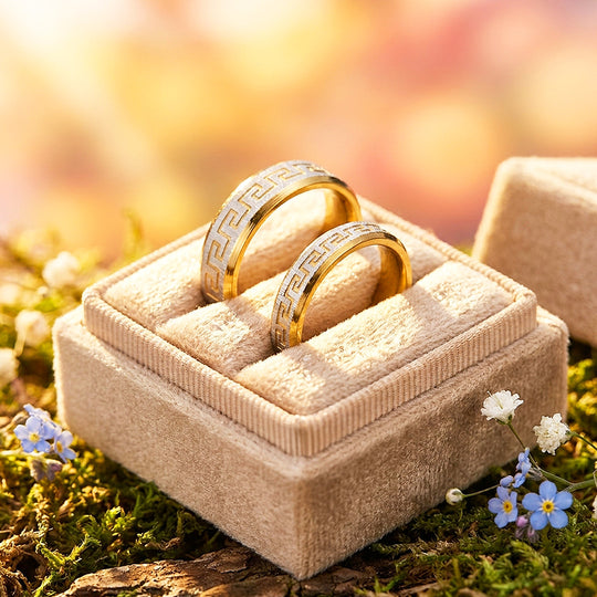Flawlessly You | Engraved Greek Key Bevelled Flat Wedding Band