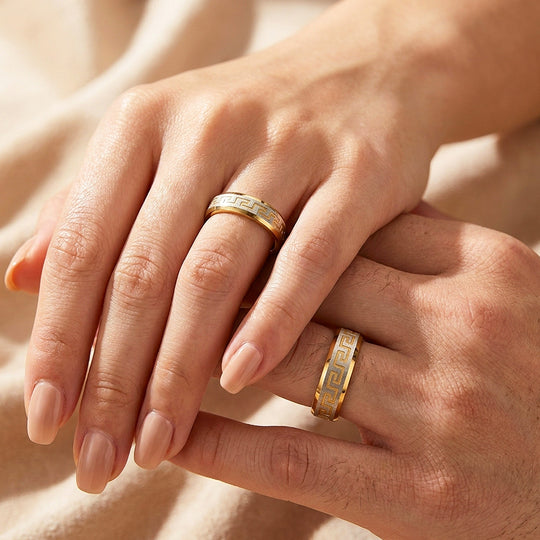 Flawlessly You | Engraved Greek Key Bevelled Flat Wedding Band