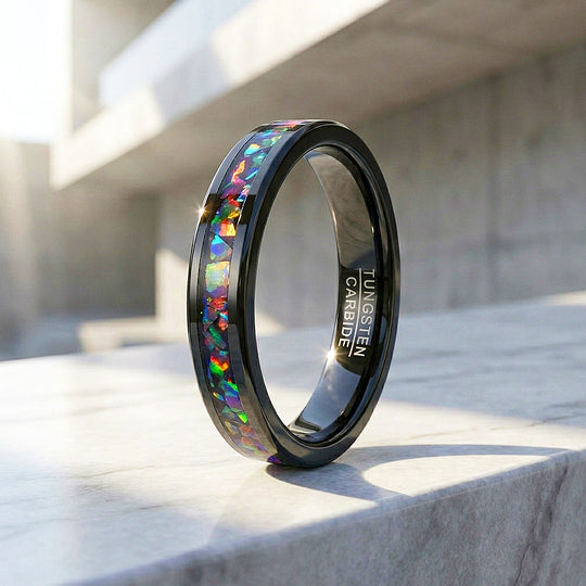 Fossil | Black High Polish Fire Opal Simulant Inlay Tungsten Carbide | Men&