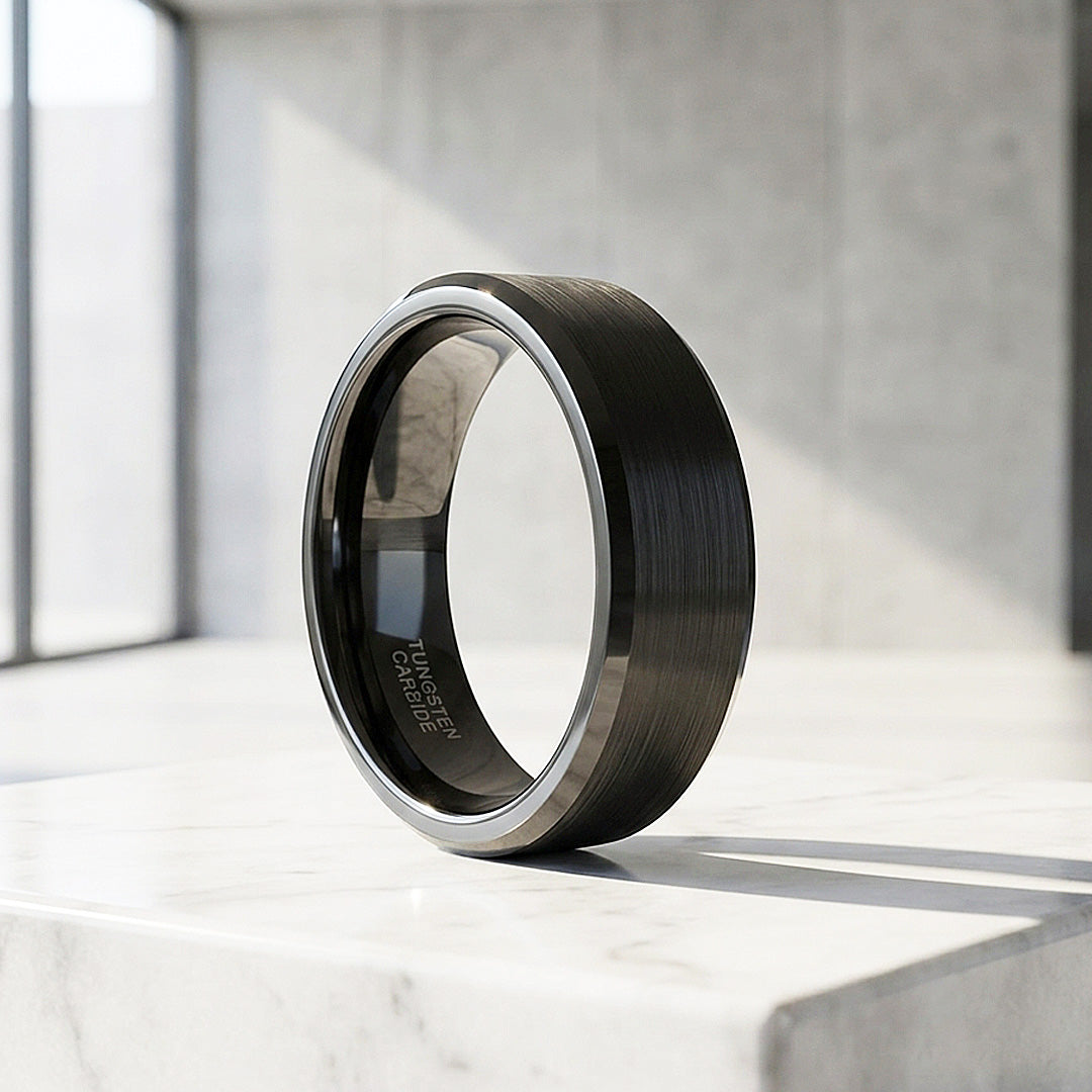 Fyodor | Black Matte Brushed Bevelled Edge Tungsten Carbide | Men&