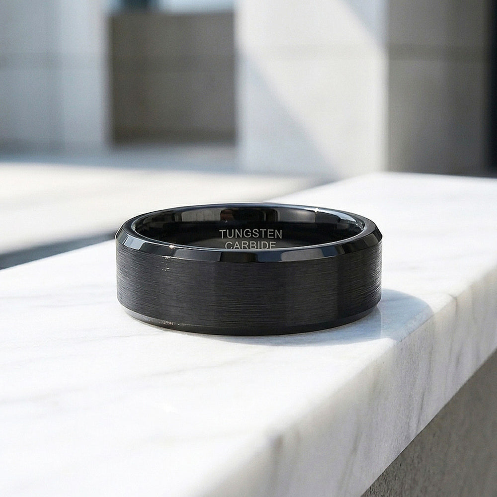 Fyodor | Black Matte Brushed Bevelled Edge Tungsten Carbide | Men's Ring