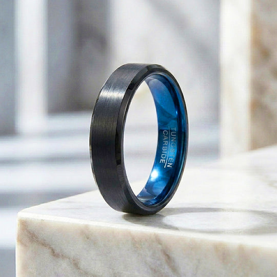 Gadget | Black Matte Bevelled Edge Blue Interior Tungsten Carbide | Men&