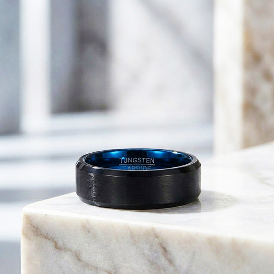 Gadget | Black Matte Bevelled Edge Blue Interior Tungsten Carbide | Men&