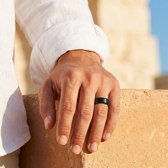 Gadget | Black Matte Bevelled Edge Blue Interior Tungsten Carbide | Men&