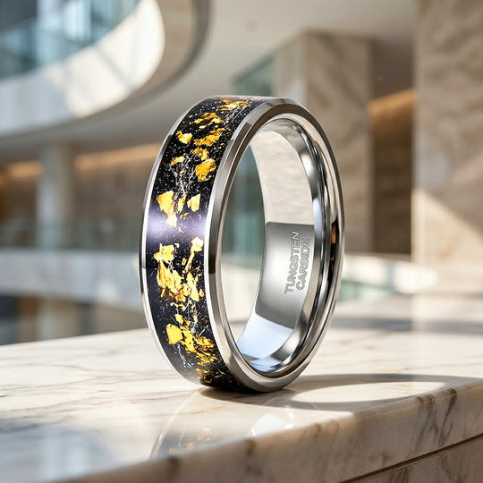 Golden Flakes | Silver High Polish Gold Foil Inlay Tungsten Ring | Men&