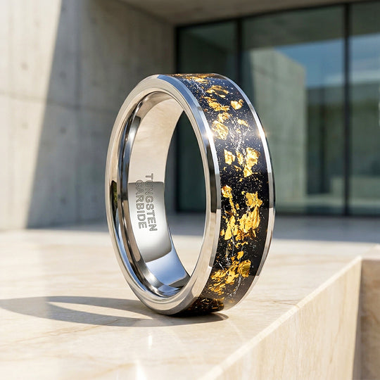 Golden Flakes | Silver High Polish Gold Foil Inlay Tungsten Ring | Men&