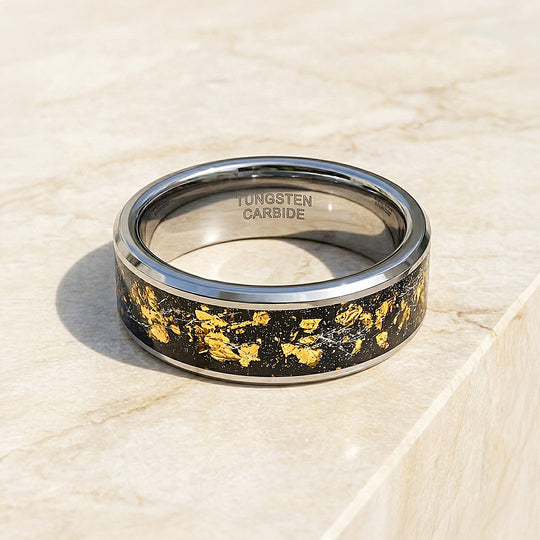 Golden Flakes | Silver High Polish Gold Foil Inlay Tungsten Ring | Men&