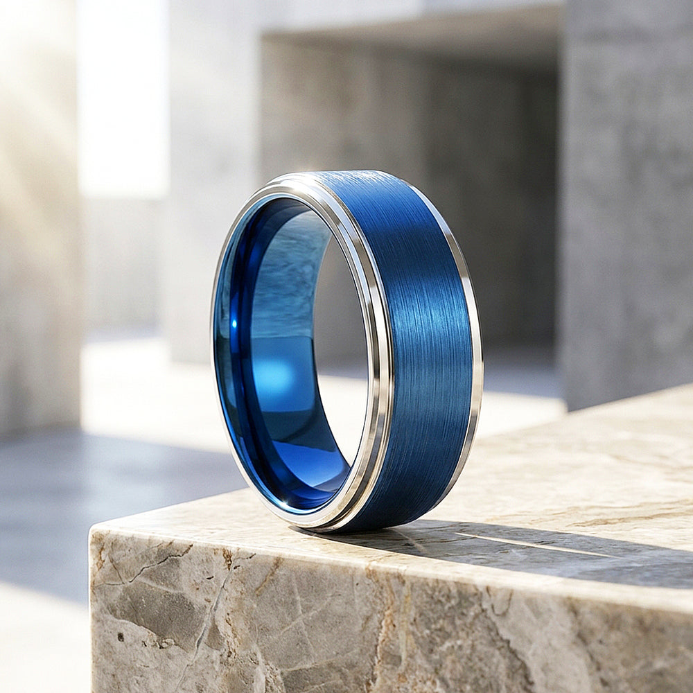 Grant | Brushed Blue and Silver Stepped Edge Tungsten Carbide | Men's Ring
