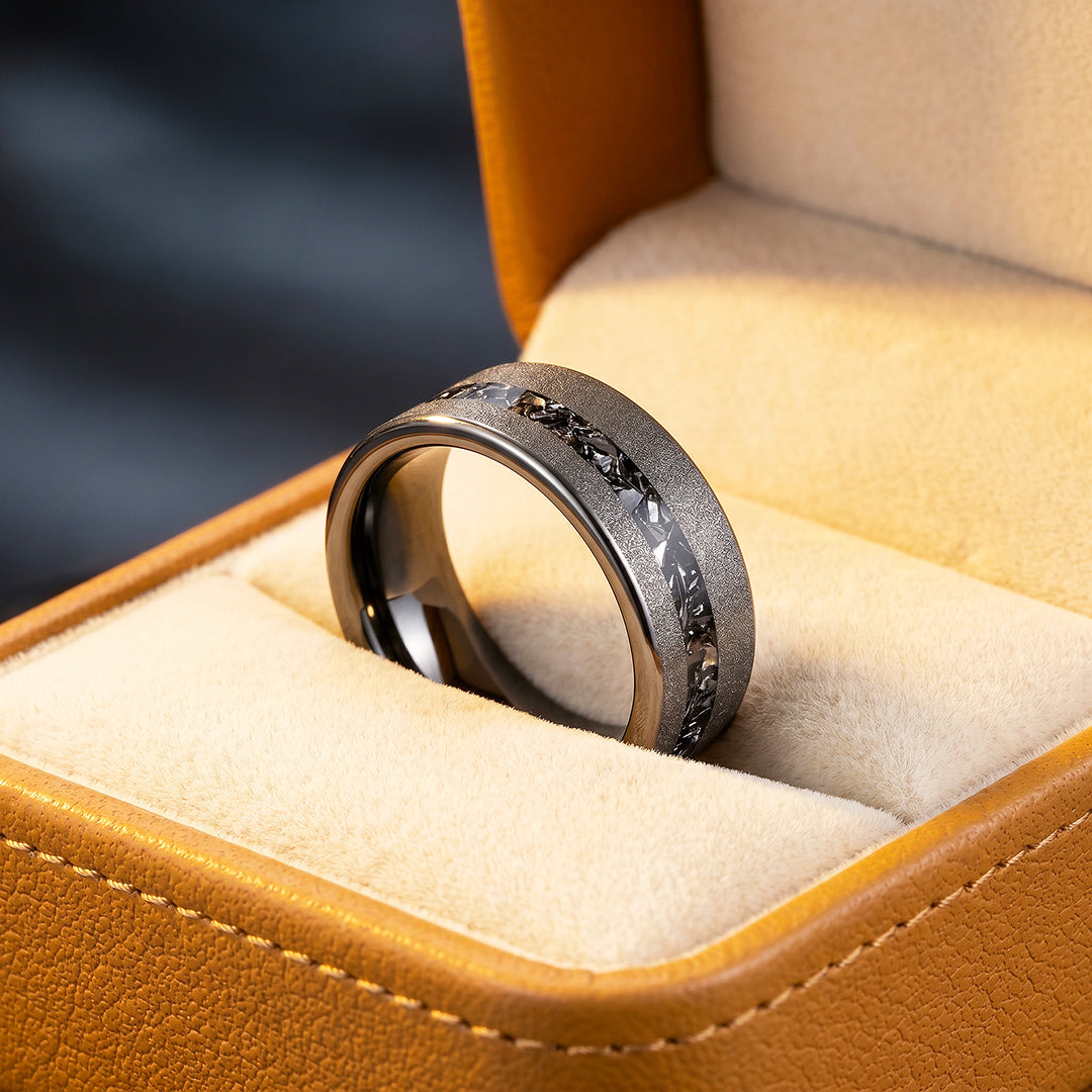 Gravel | Sandblasted Meteorite Fragment Inlay Tungsten Carbide Men&