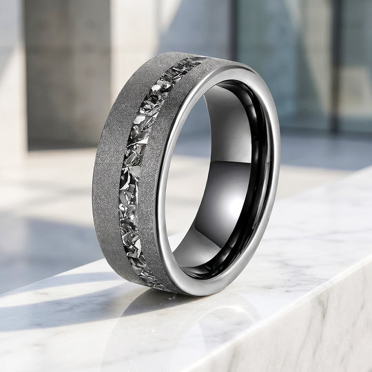 Gravel | Sandblasted Meteorite Fragment Inlay Tungsten Carbide Men&