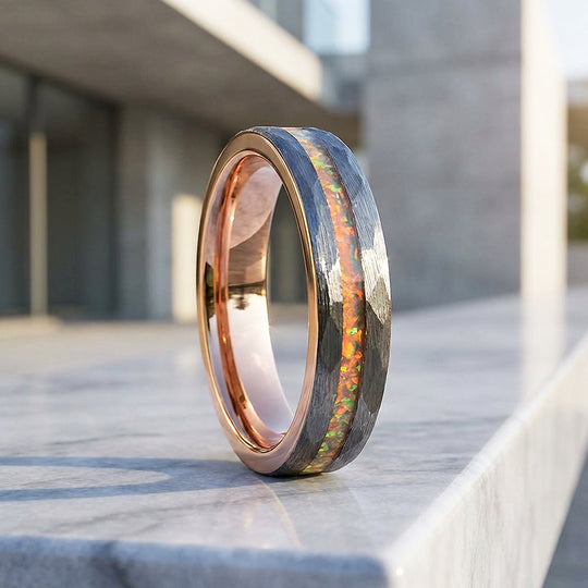 Halo Hammered Fire Opal Inlay Rose Gold Tungsten Carbide Ring