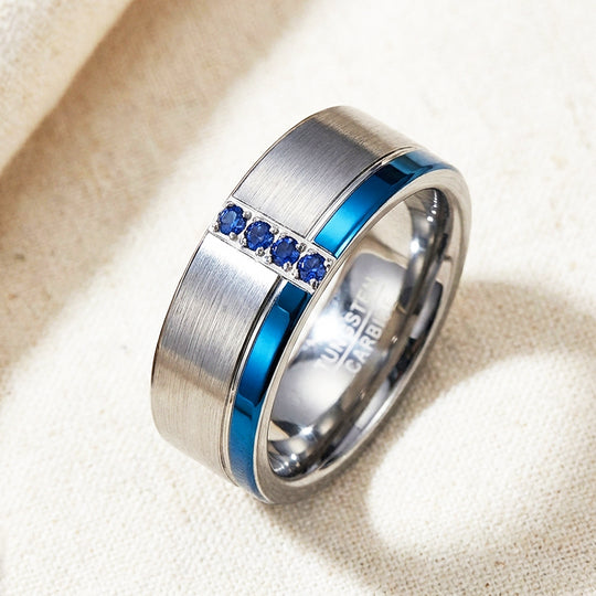 Hinokin Brushed Blue Diamond Simulant Tungsten Carbide Ring - Ring | Singapore Jewellery, Wedding Rings &amp; Gifts | Same Day Delivery | Tiara.com.sg