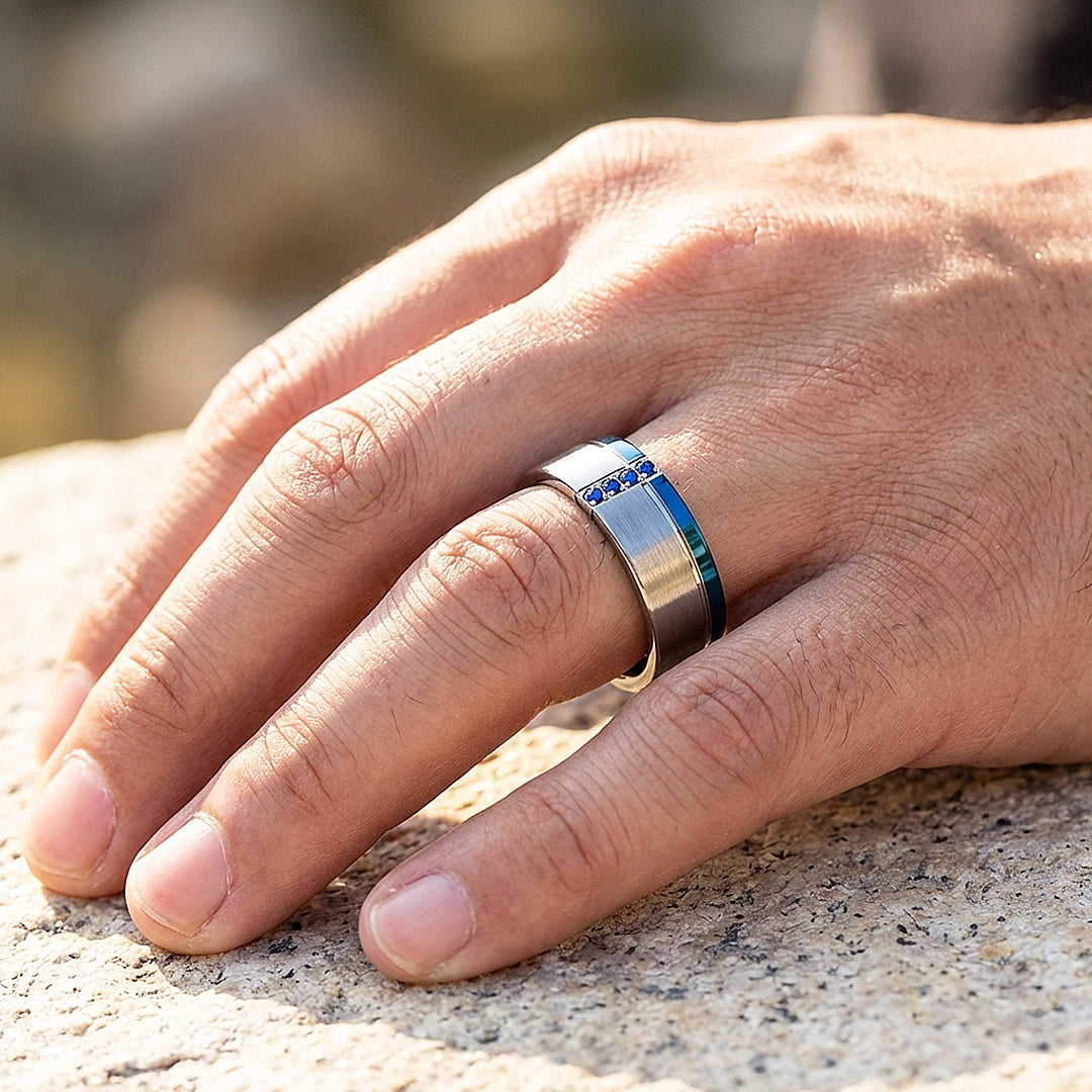 Hinokin Brushed Blue Diamond Simulant Tungsten Carbide Ring - Ring | Singapore Jewellery, Wedding Rings &amp; Gifts | Same Day Delivery | Tiara.com.sg