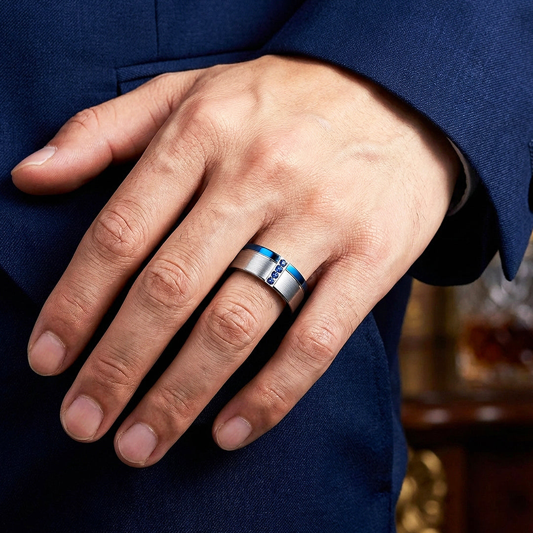 Hinokin Brushed Blue Diamond Simulant Tungsten Carbide Ring - Ring | Singapore Jewellery, Wedding Rings &amp; Gifts | Same Day Delivery | Tiara.com.sg