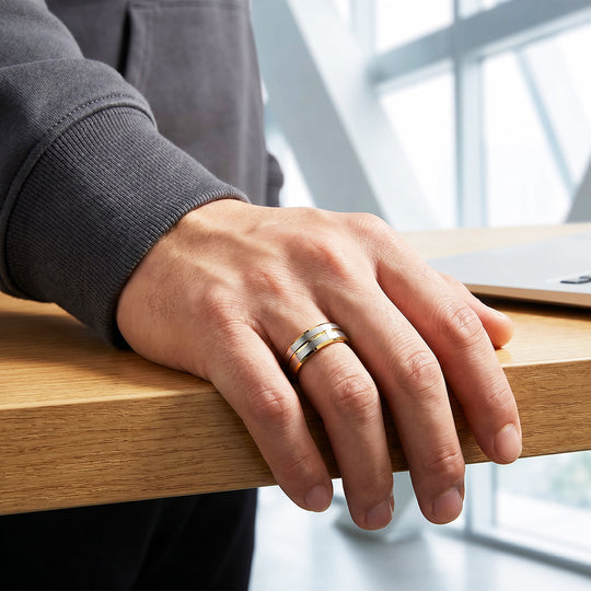 Ivor | Brushed Silver &amp; Gold Two-Tone Groove Tungsten Carbide Ring