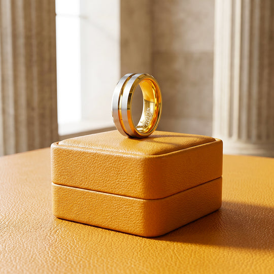 Ivor | Brushed Silver &amp; Gold Two-Tone Groove Tungsten Carbide Ring