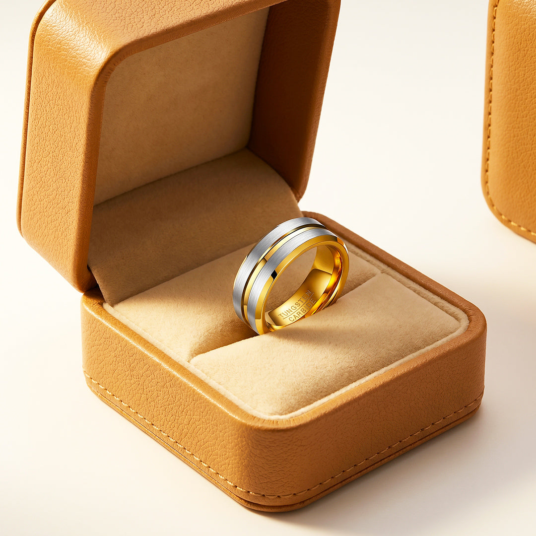 Ivor | Brushed Silver &amp; Gold Two-Tone Groove Tungsten Carbide Ring