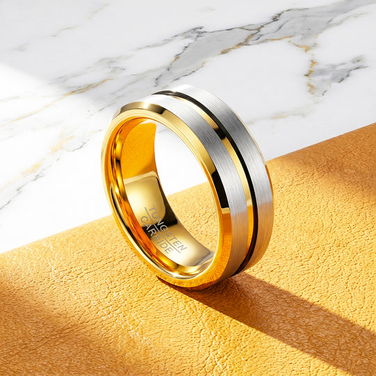 Ivor | Brushed Silver &amp; Gold Two-Tone Groove Tungsten Carbide Ring