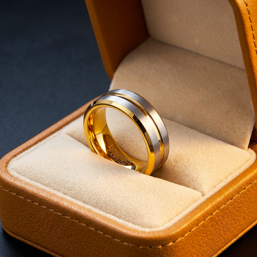 Ivor | Brushed Silver &amp; Gold Two-Tone Groove Tungsten Carbide Ring