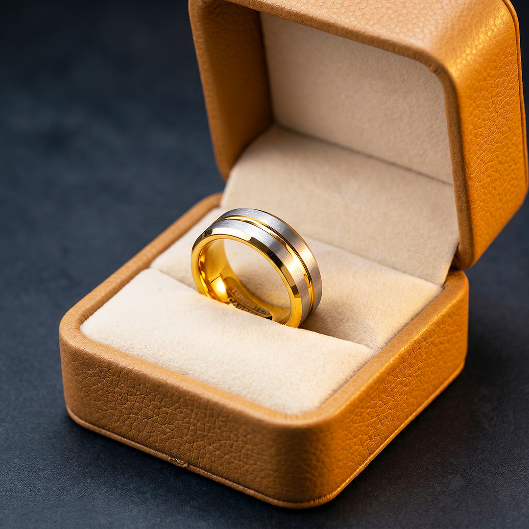 Ivor | Brushed Silver &amp; Gold Two-Tone Groove Tungsten Carbide Ring